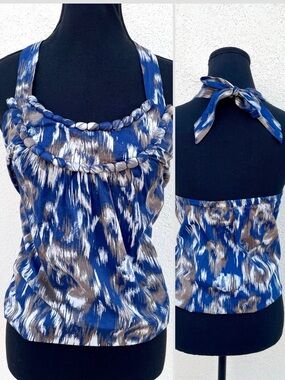 LOFT Blue Boho Halter Top with Braided Neck Small Petite